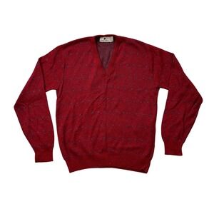 Vintage Robert Bruce V Neck Sweater Red Diamond‎ Pattern Knit Pullover Men Large
